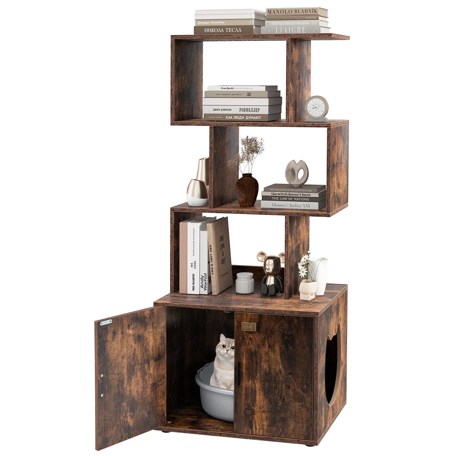 COSTWAY Tierhaus, Katzenschrank mit Bücherregal, Katzenklo