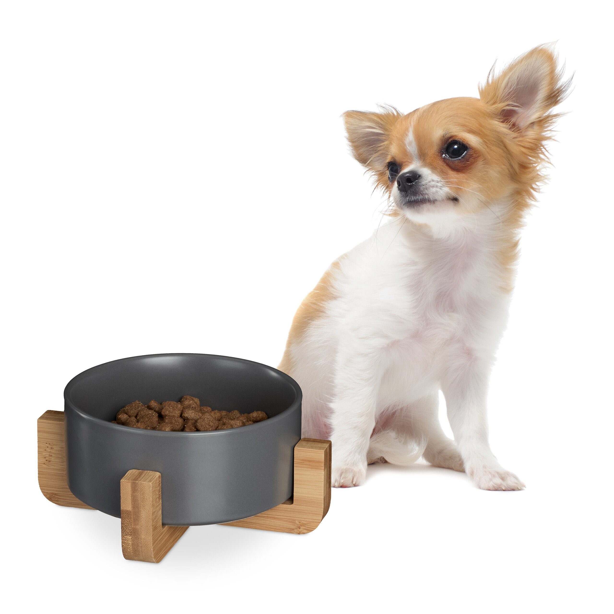relaxdays Napf Hundenapf Keramik mit Bambusgestell,