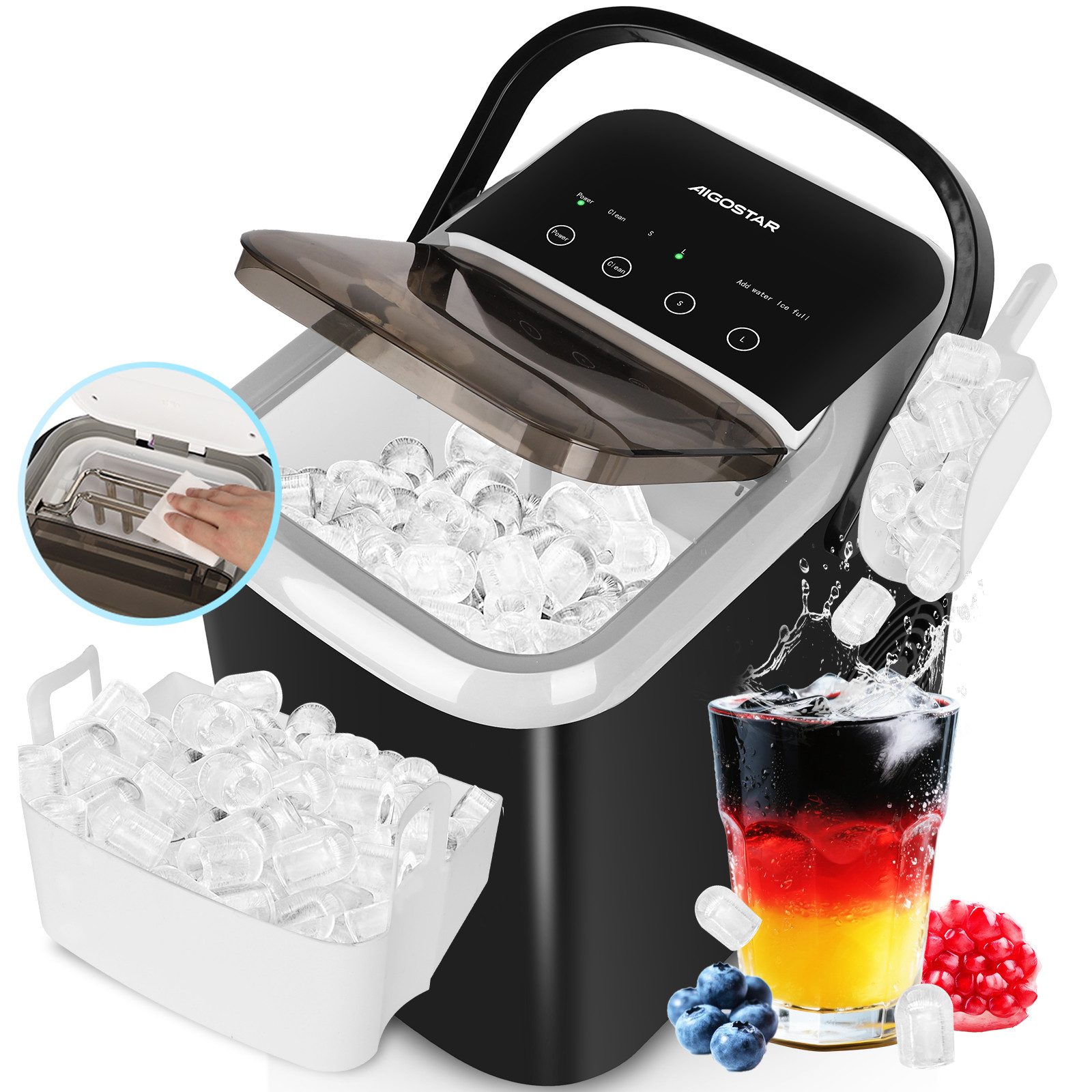 Aigostar Eiswürfelmaschine 1,5L, 130W Doppeldeckel-Design Eiswürfel