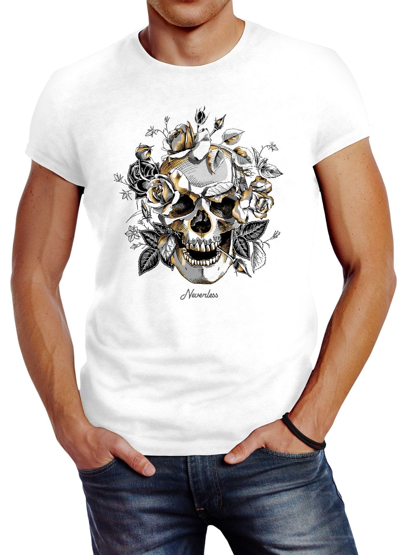 Neverless Print-Shirt Herren T-Shirt Totenkopf Rosen