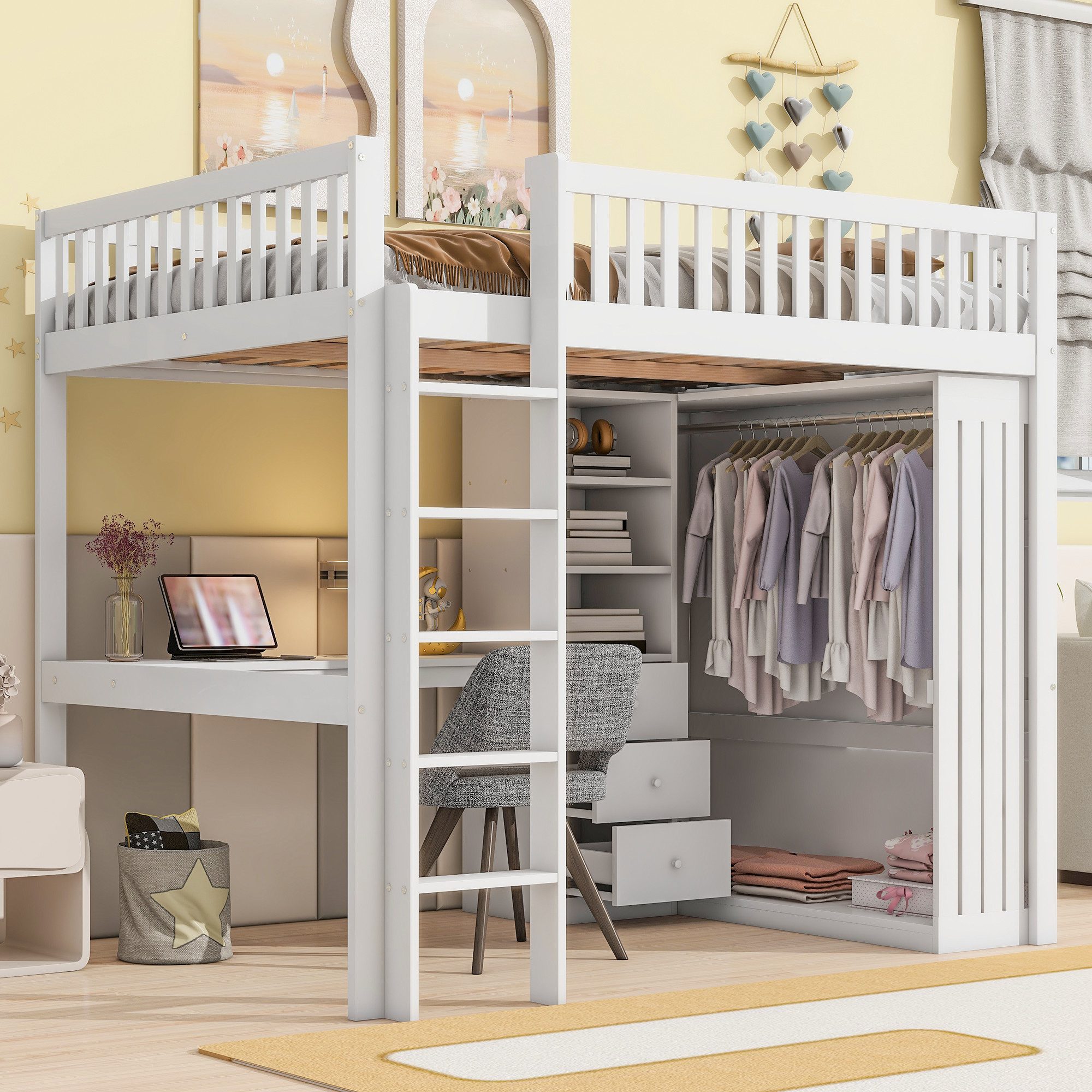 MODFU Hochbett Funktionsbett,Kinderbett,mit Schreibtisch (Hochbett mit