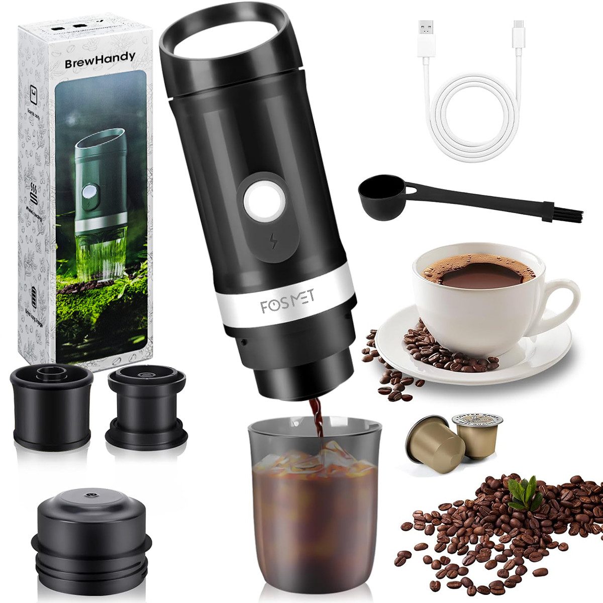 FOSMET Espressomaschine Tragbare Kaffeemaschine–20 bar–Schnellheizung für Kapseln/Pulver/Tee,