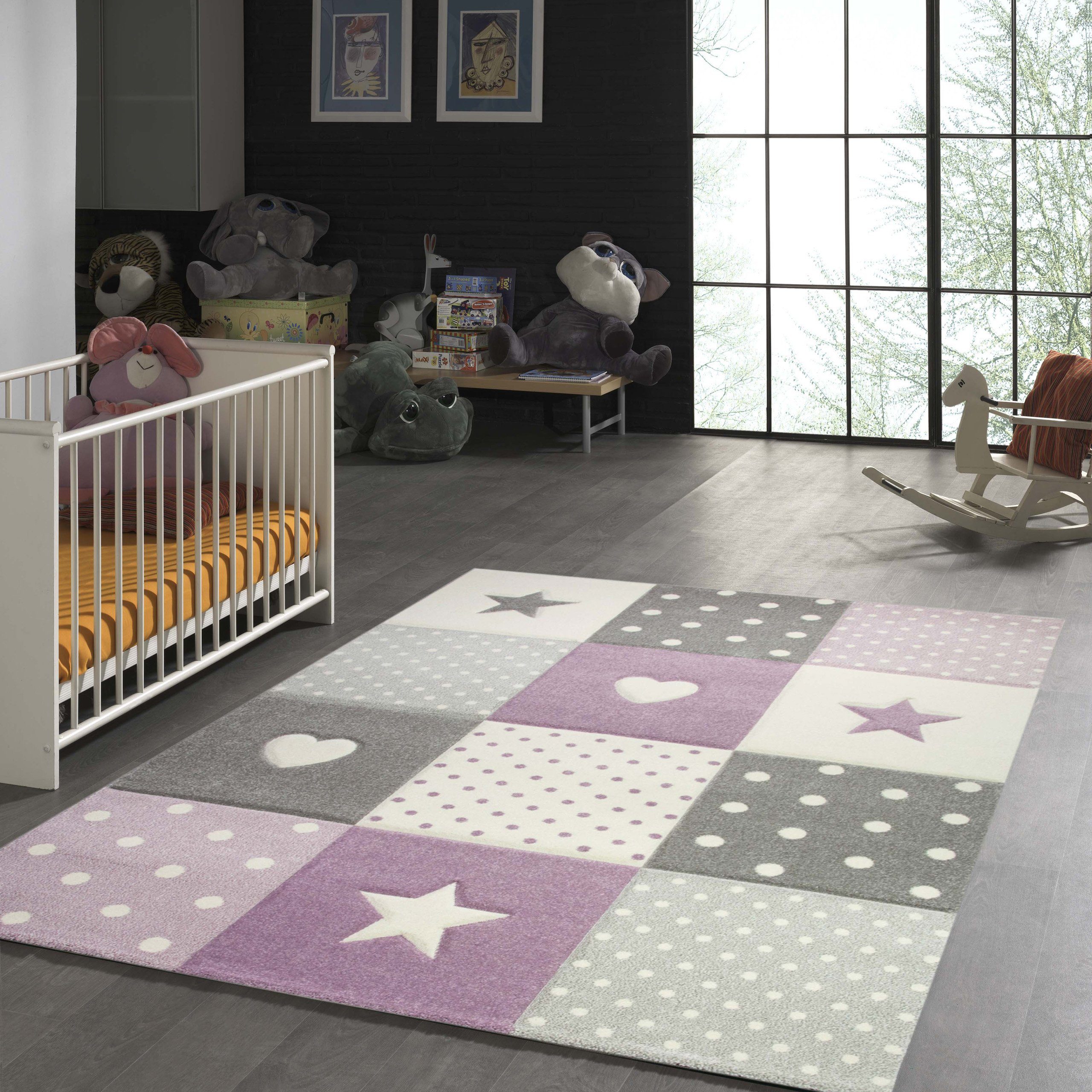 TeppichHome24 Kinderteppich Kinderteppich mit Stern Herz