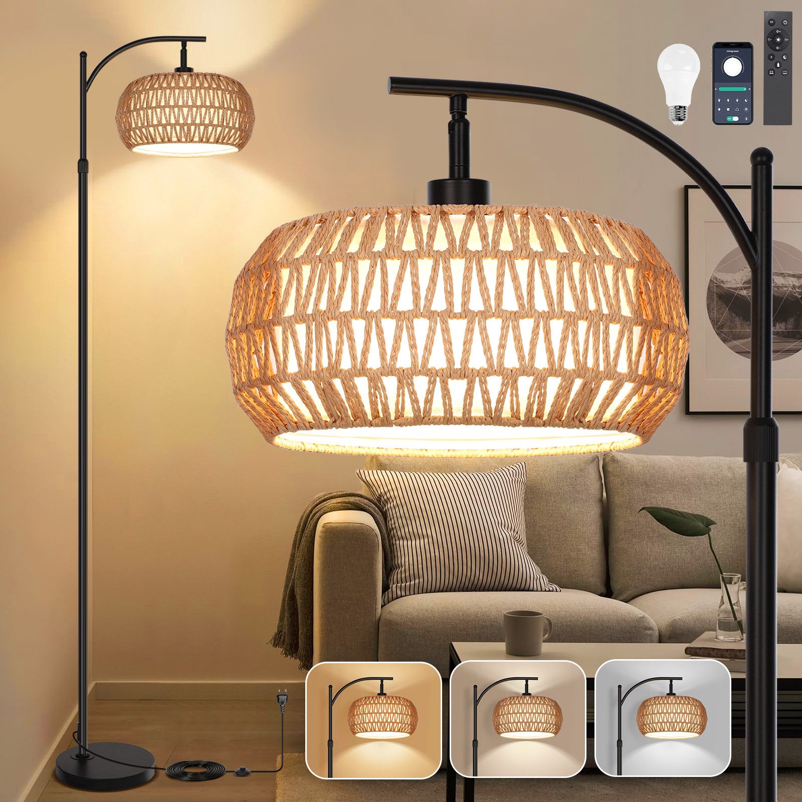 Jibenhome Stehlampe Rattan Stehlampe mit Fernbedienung,Dimmbare