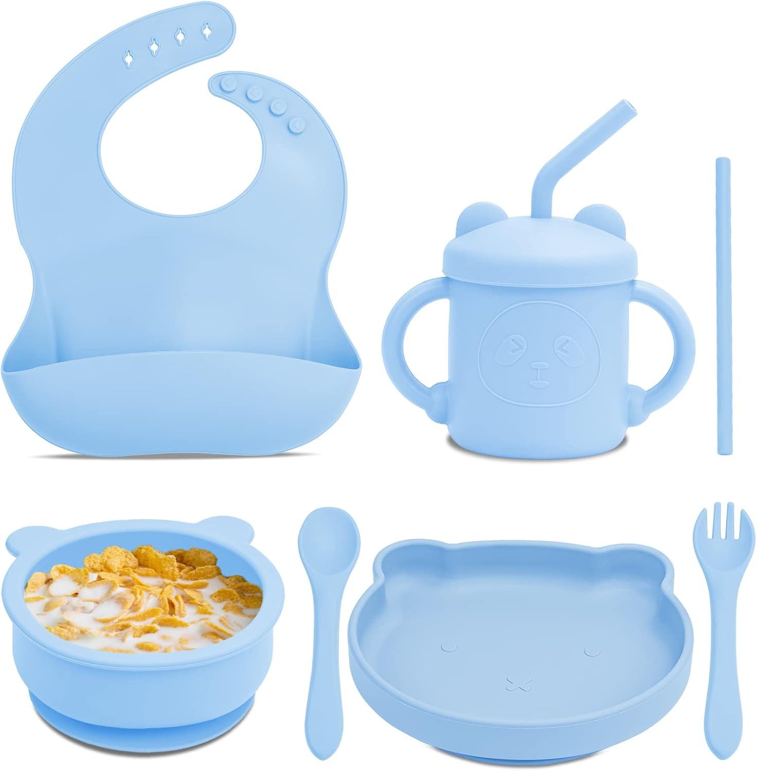 LA CUTE Kindergeschirr-Set Baby-Geschirrset Silikon, 7-teilig,