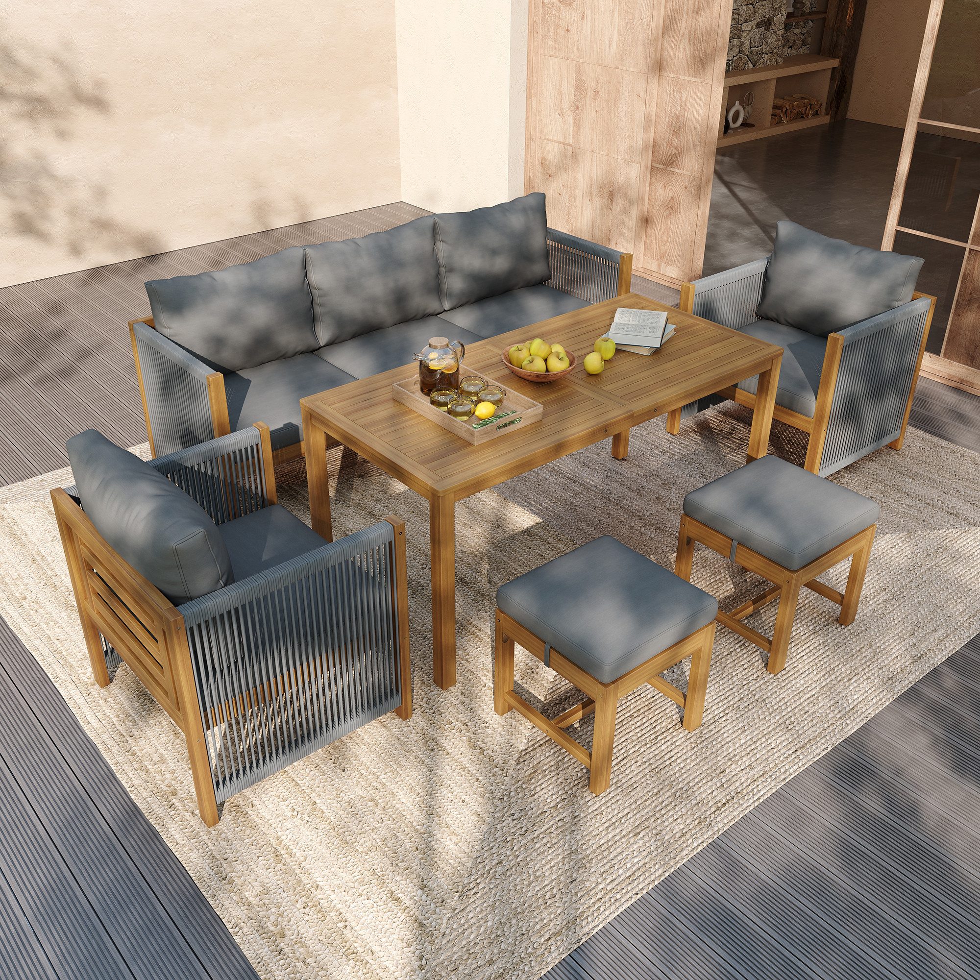 OKWISH Gartenlounge-Set Garten-Lounge-Set, (Outdoor-Sofa-Set, Garten-Esstisch-Set, 6-tlg.,
