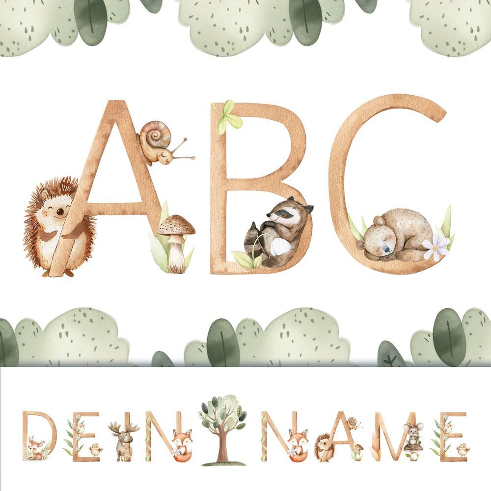 Sunnywall Wandtattoo Buchstaben ABC Waldtiere Aufkleber