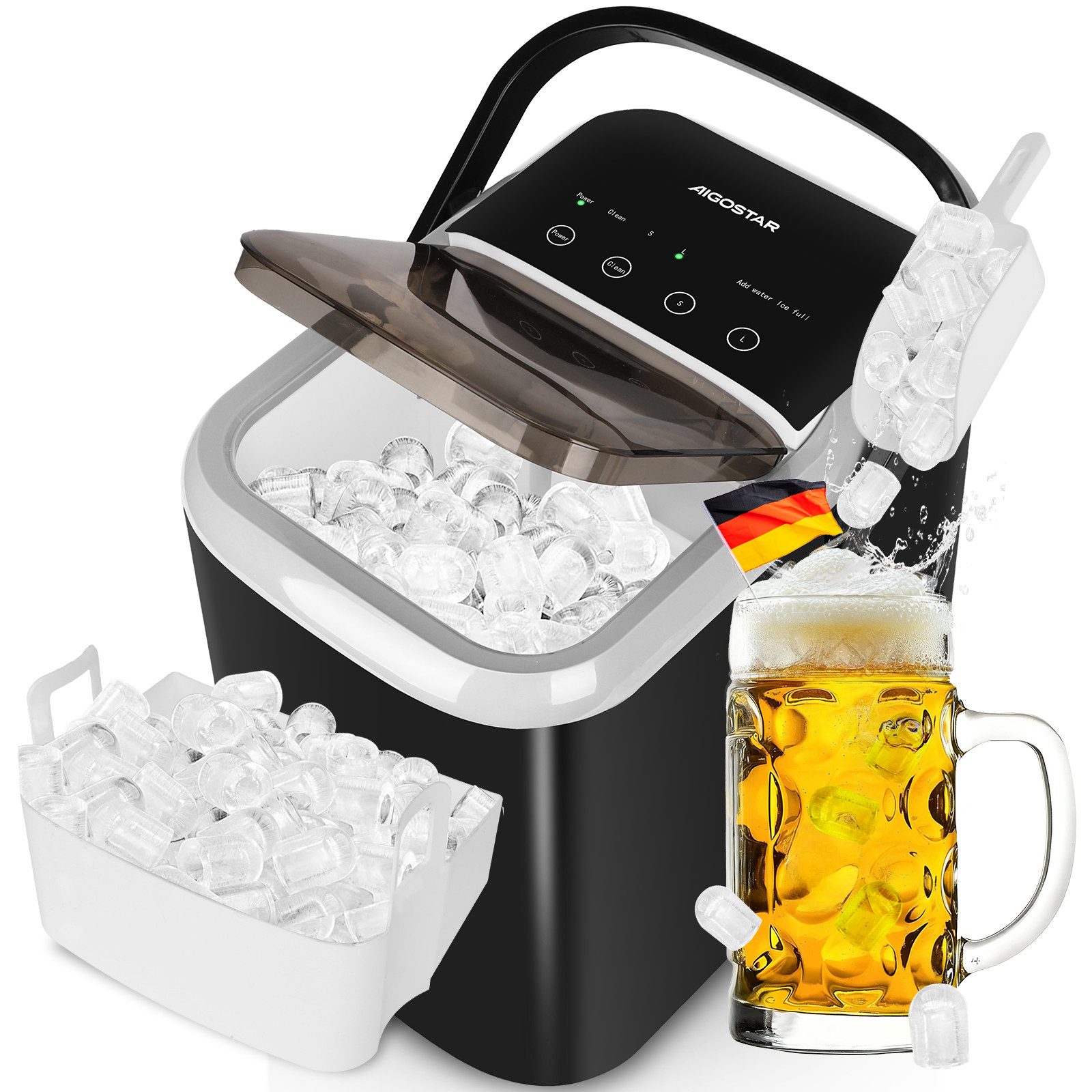 Aigostar Eiswürfelmaschine 1,5L, 130W Doppeldeckel-Design Eiswürfel