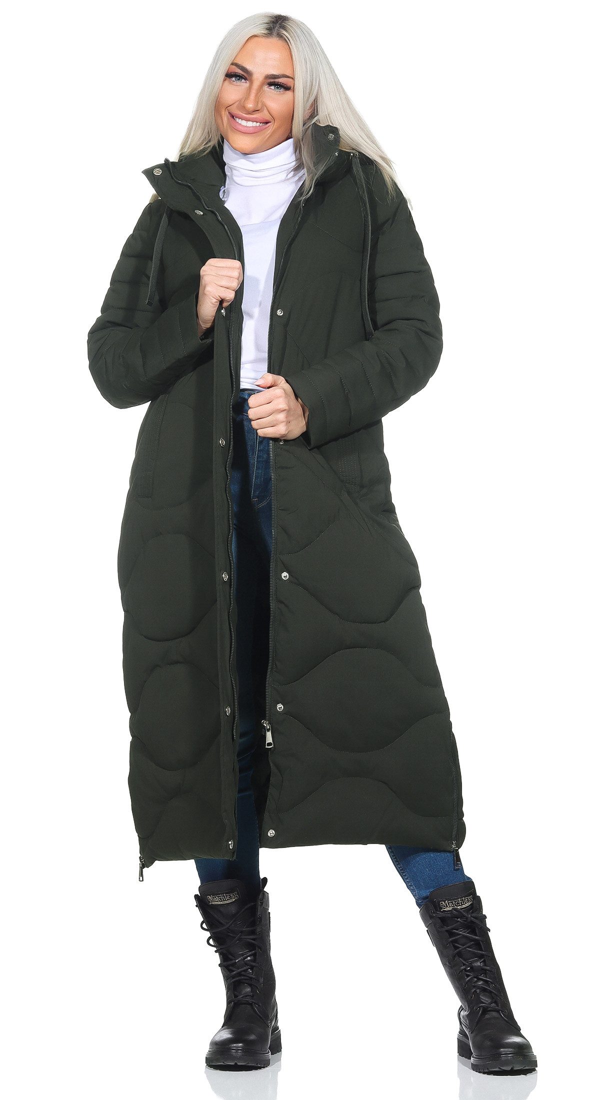 Aurela Damenmode Steppmantel Damen Wintermantel Wellen-Steppung