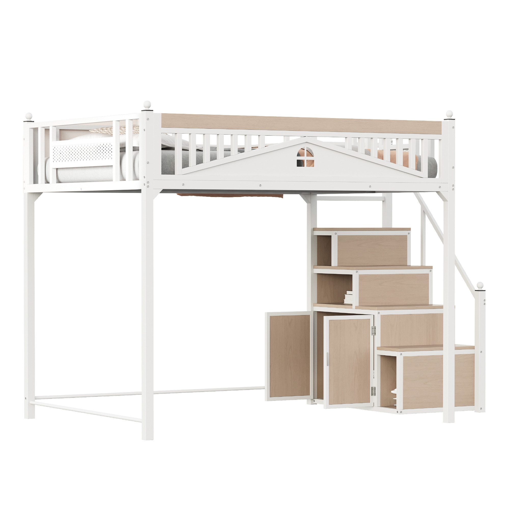 OKWISH Hochbett Einzelbett,Jugendbett,Hochbett (Metall-Hochbett mit Stauraum,