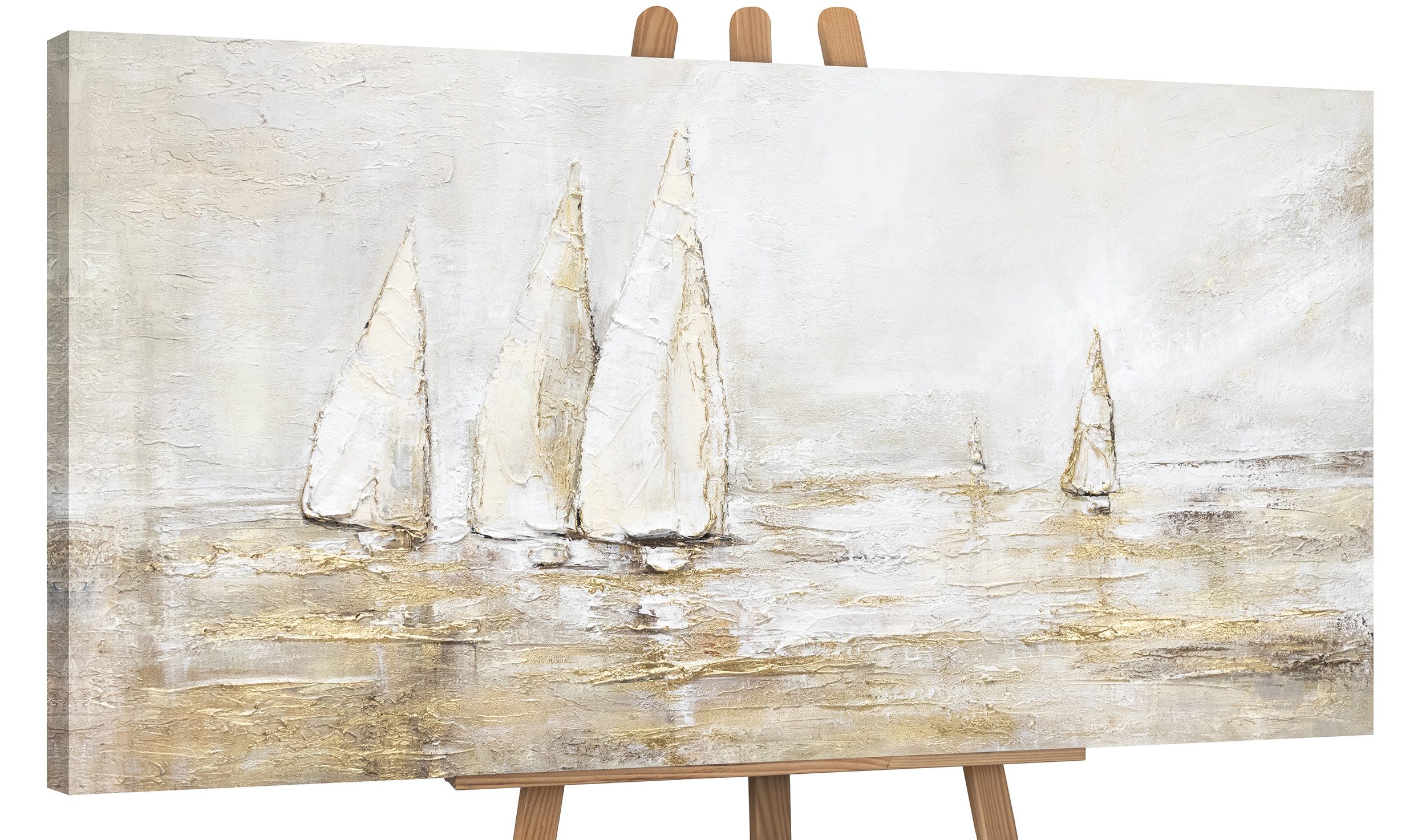 YS-Art Gemälde Sonnenblendung, Landschaftsbilder, Gold Segelboote