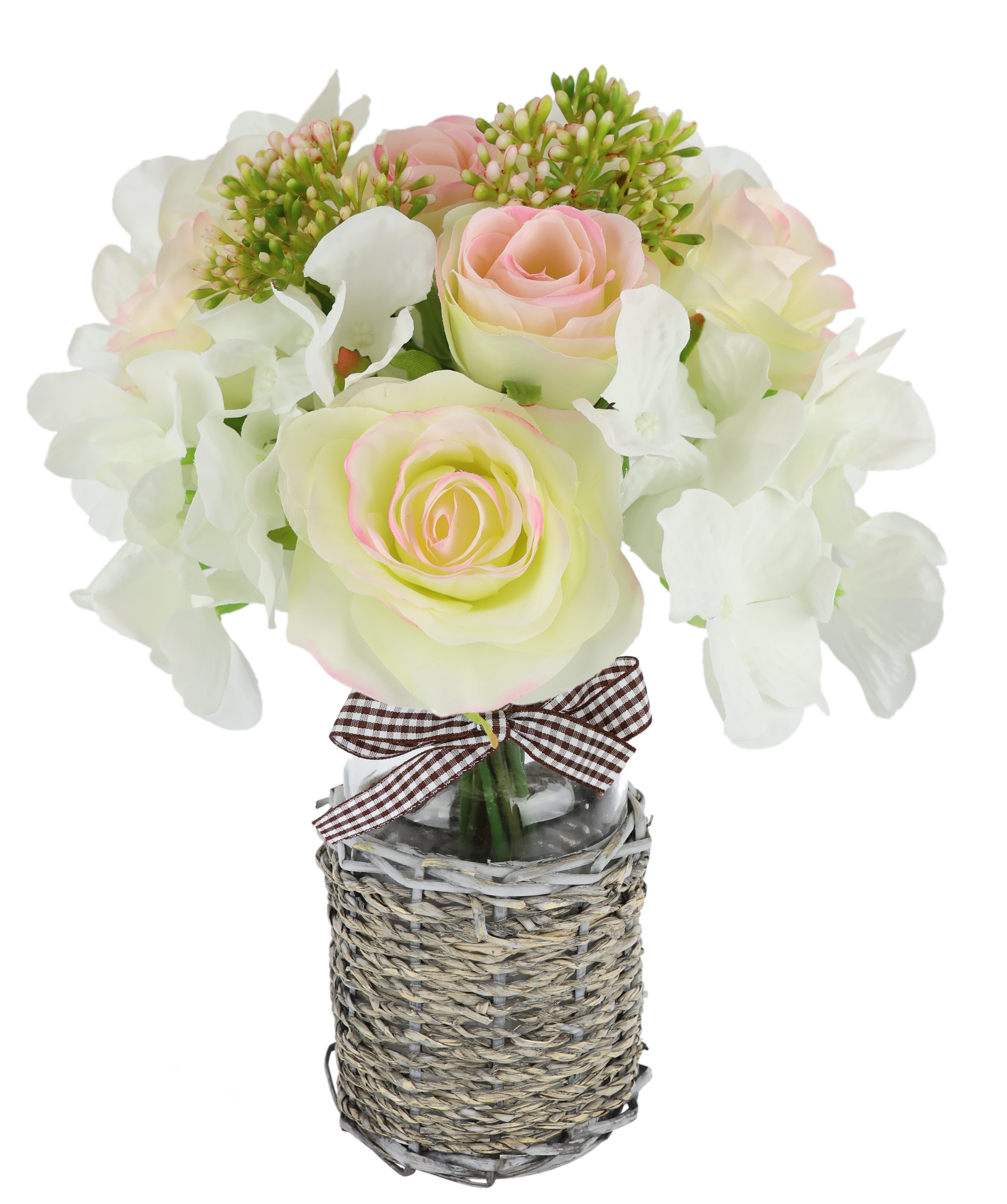 Kunstblume Bouquet Rosen Hortensie in Vase,