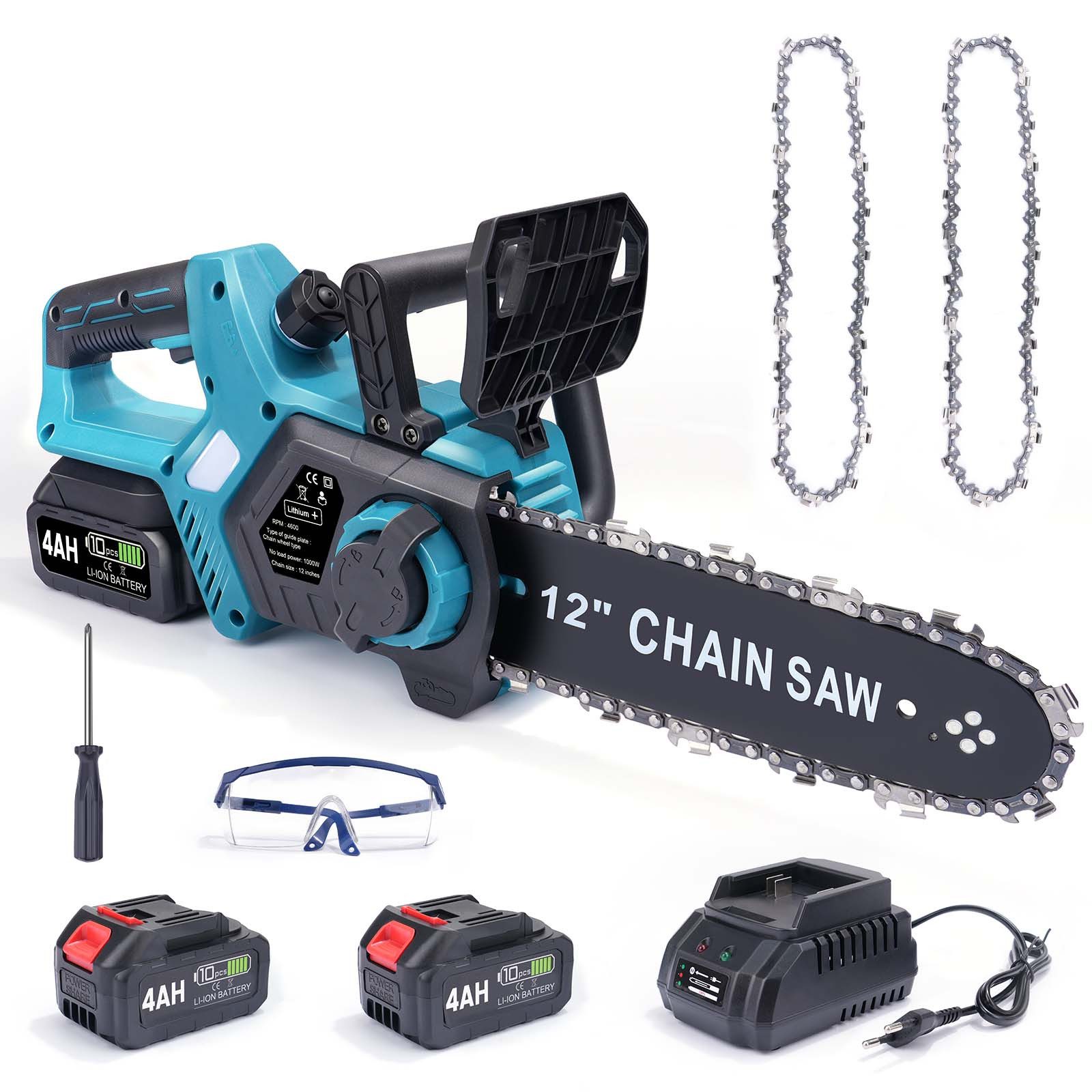 XERSEK Akku-Kettensäge 12-Zoll Elektro Kettensäge mit