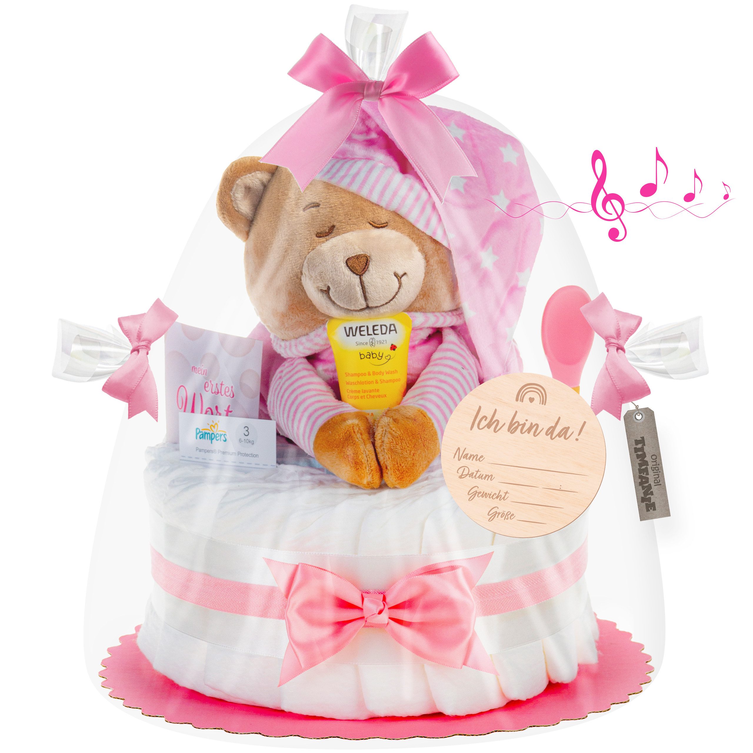 Timfanie Windeln Windeltorte, Spieluhr Schlafmütze, rosa,
