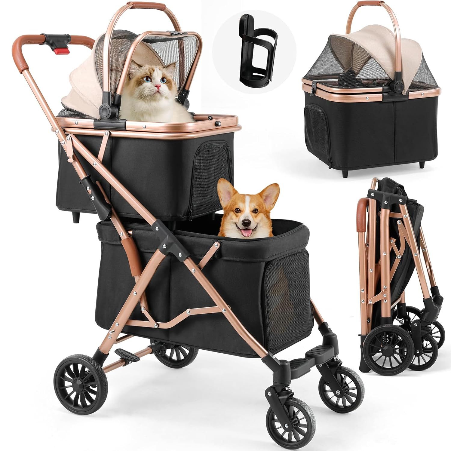 TLGREEN Hundebuggy,Klappbarer Doppelkorb-Hundewagen & Transportwagen, (Ein-Knopf-Faltung,