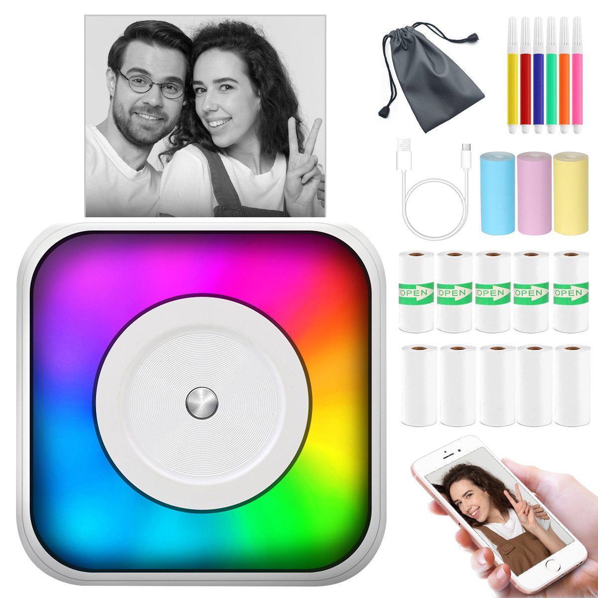 ZEUOPQ Mini-Thermodrucker Bluetooth Farbwechselnd Set mit