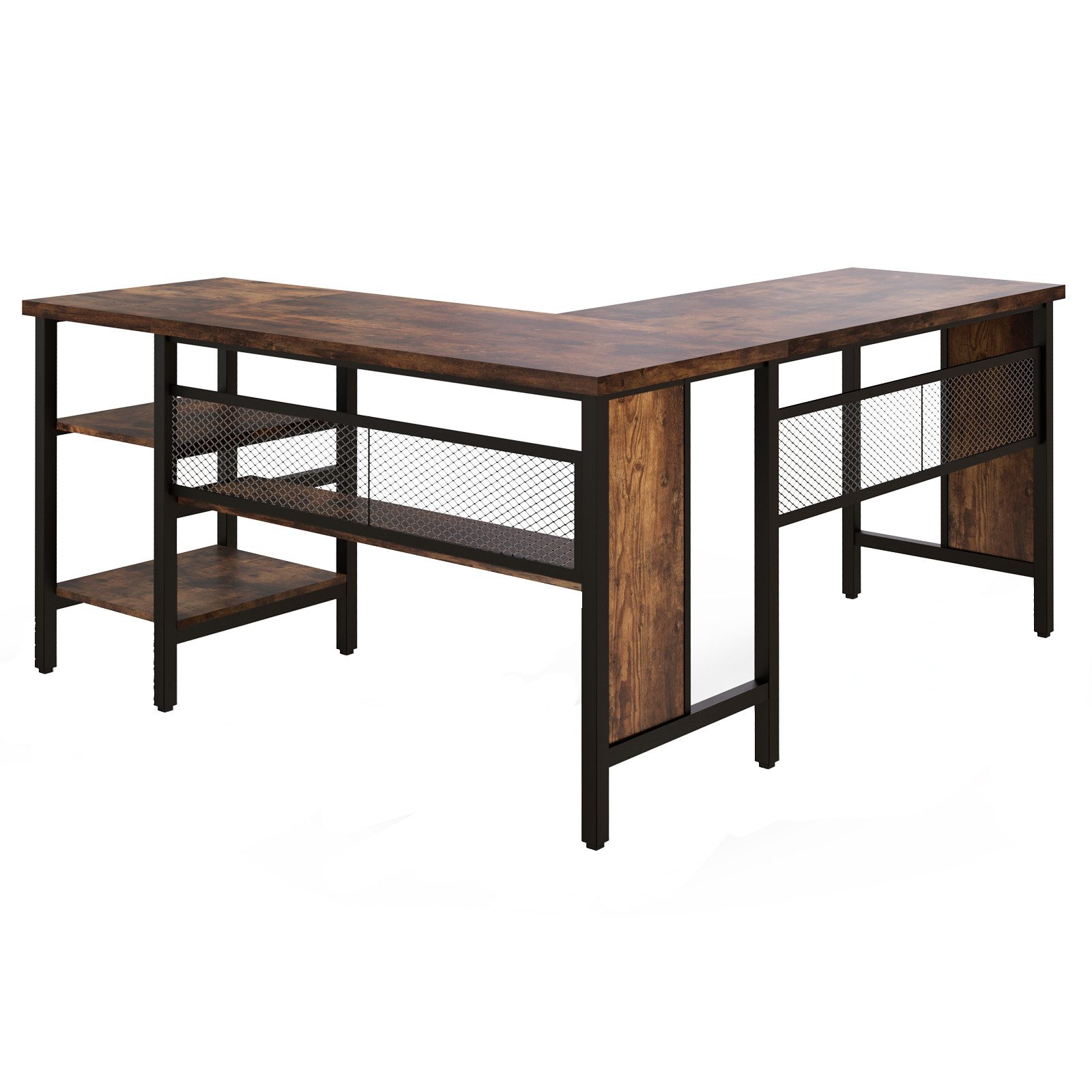 COSTWAY Eckschreibtisch, mit Regal & 2-stufige