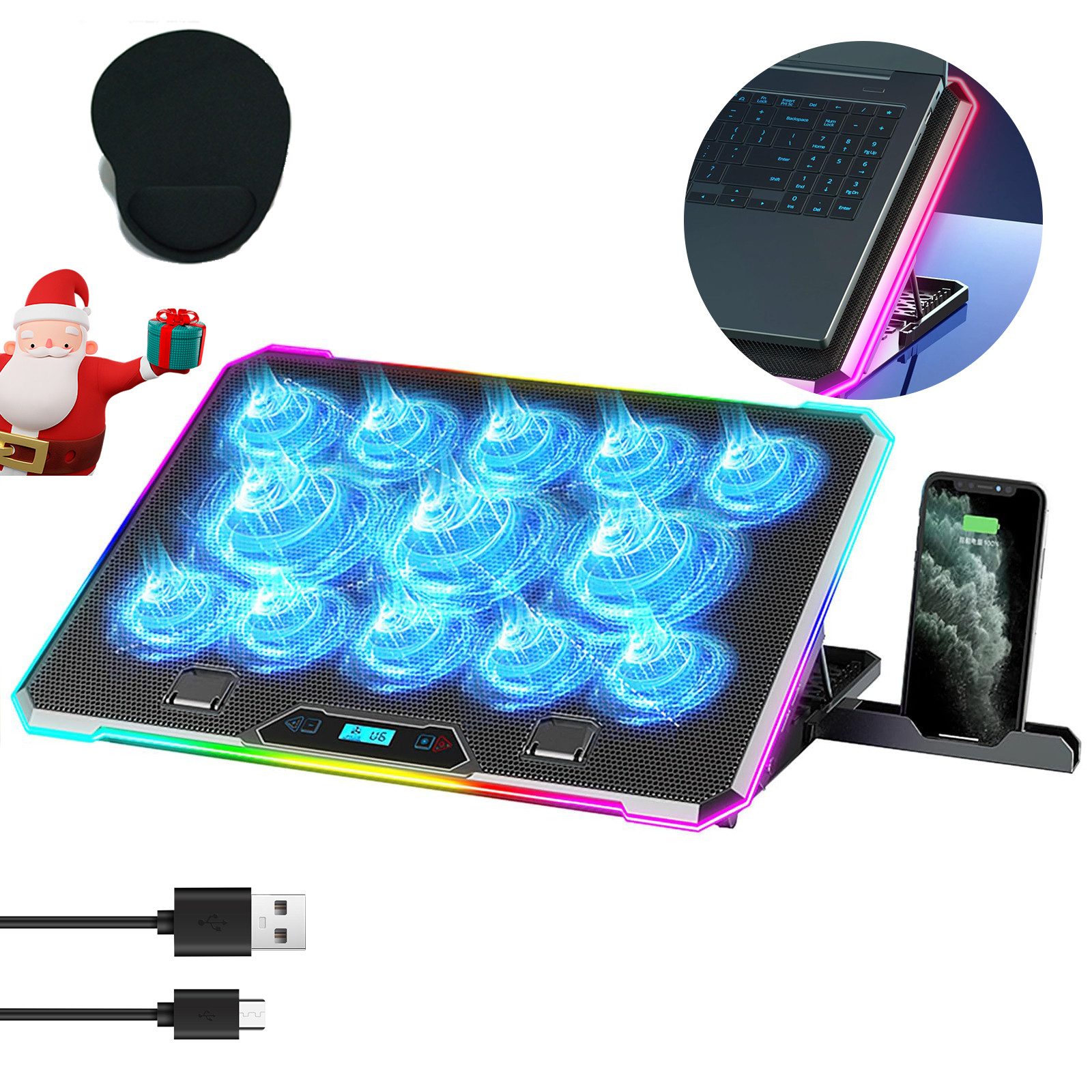 RWEUOQ Notebook-Kühler Notebook Kühler,8-fach höhenverstellbar,10 LED-Modi,13