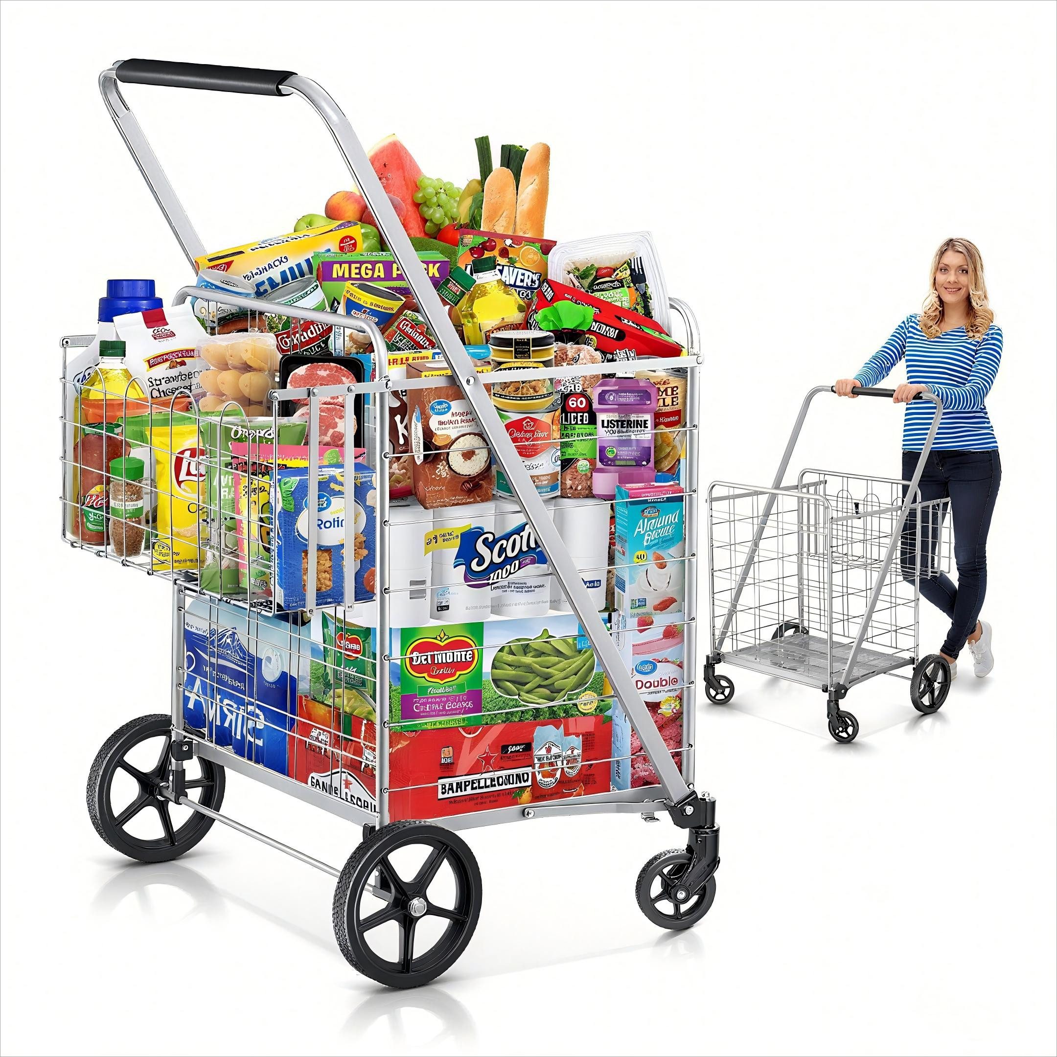 POPOLIC Einkaufstrolley Warenkorb, Jumbo-Einkaufswagen mit Doppelkorb,