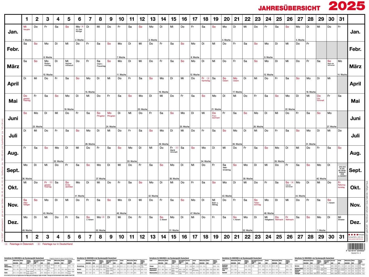 GÜSS Kalender Jahresplaner Jahresübersicht 60x40cm quer