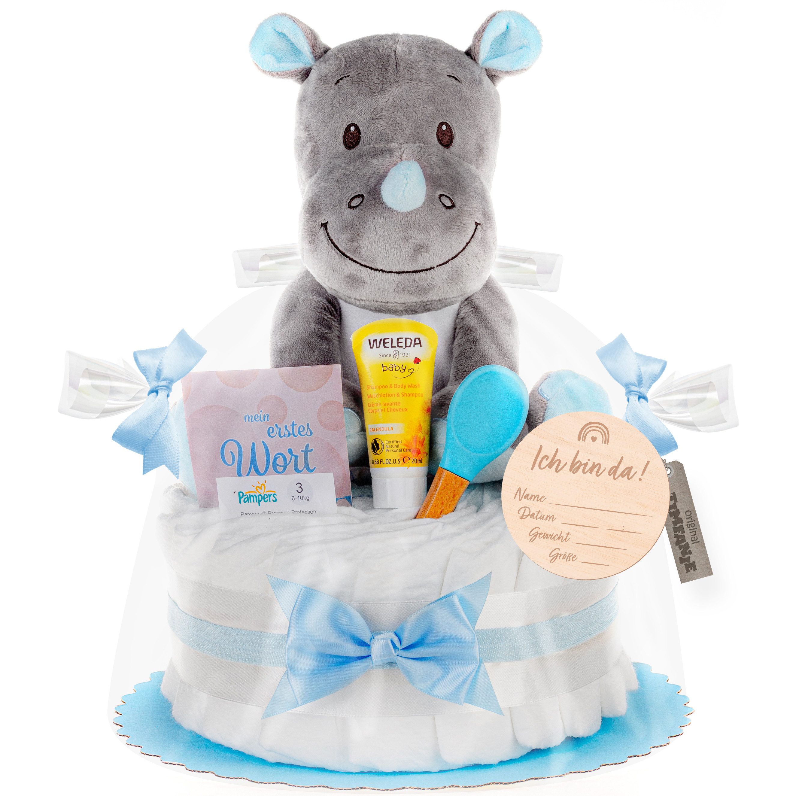 Timfanie Windeln Windeltorte, Kuschel Nashorn, blau,