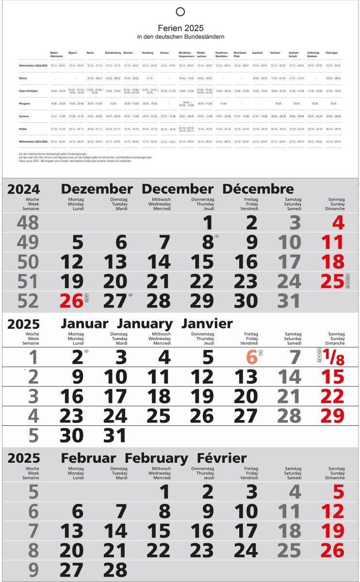 GÜSS Kalender Wandkalender 3-Monatskalender 30x52cm Kalendarium