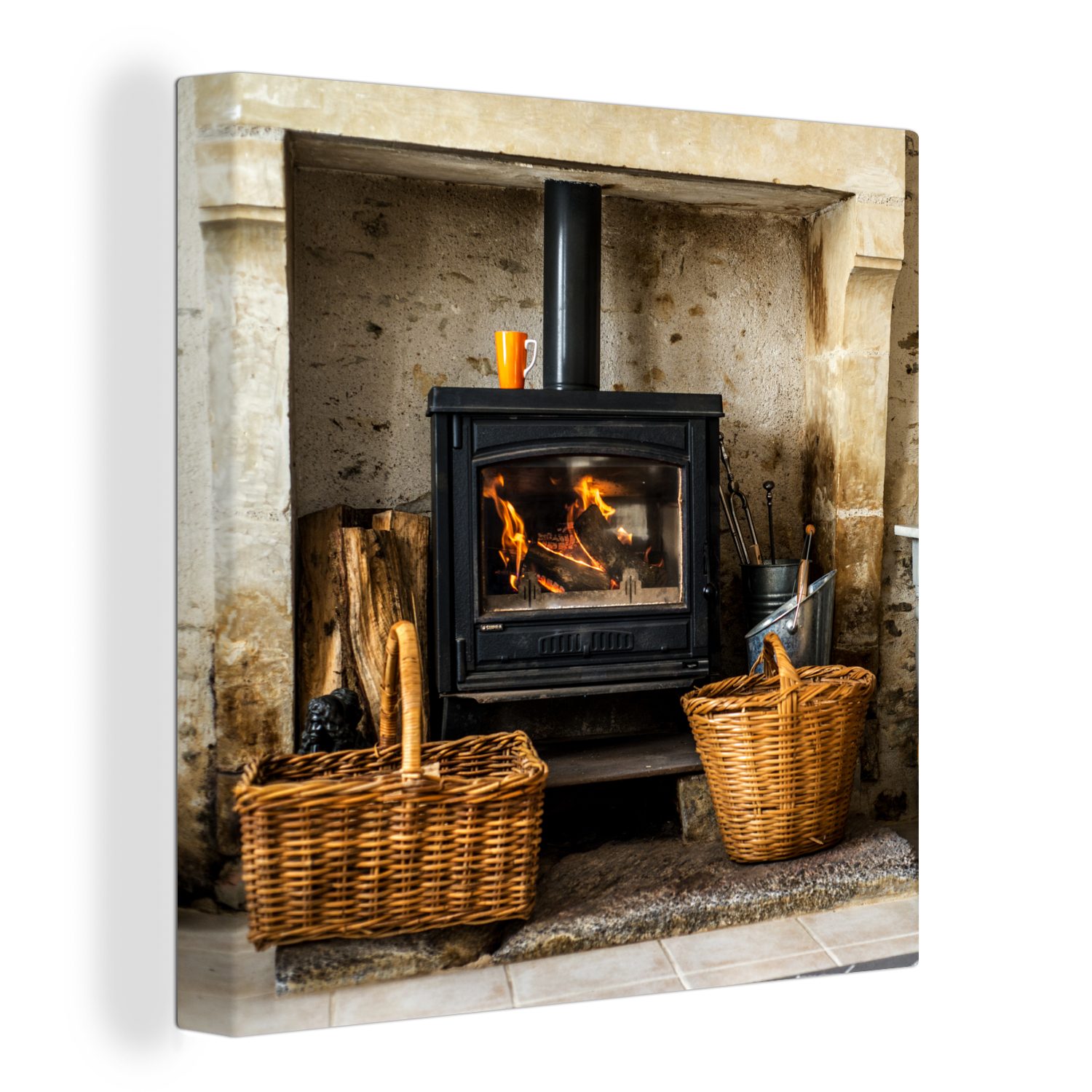 OneMillionCanvasses® Leinwandbild Kamin in einem Wohnzimmer,