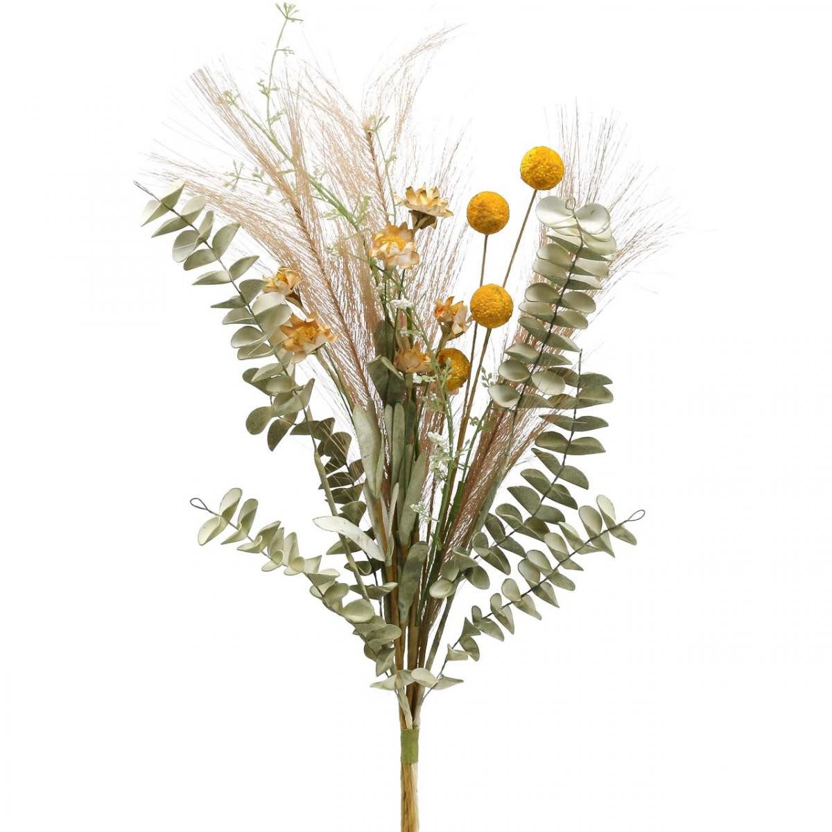 Kunstblumenstrauß Kunstblumen Craspedia Dekobund Eukalyptus Federgras