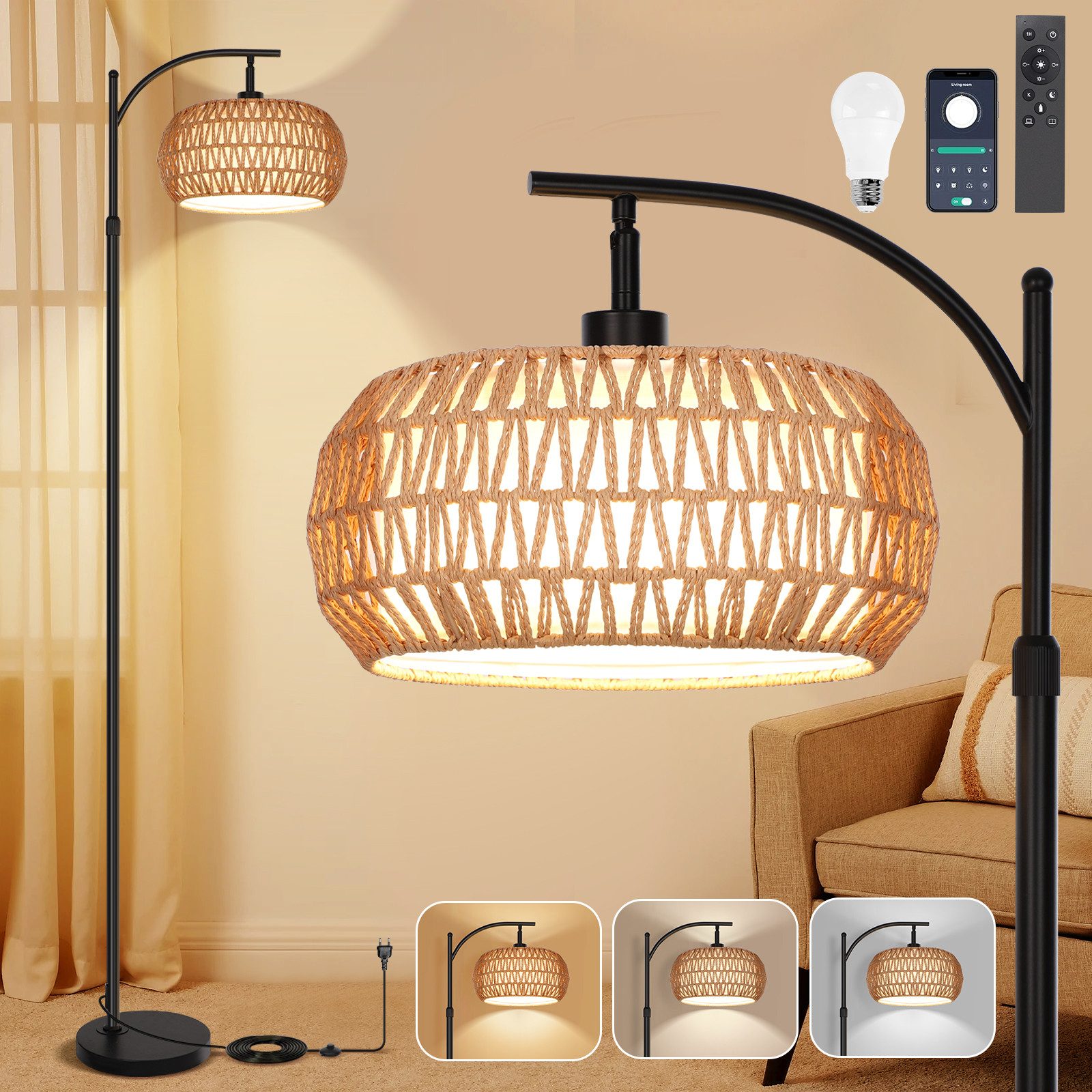 MUPOO Stehlampe LED Stehlampe,Bettlampe Dimmable,Rattan Boho
