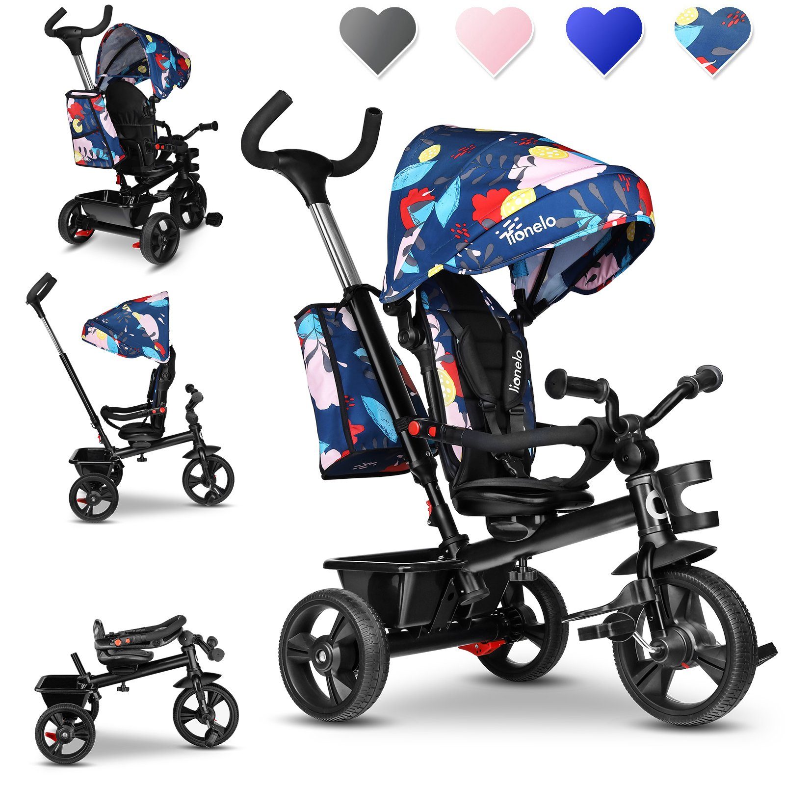 lionelo Dreirad-Kinderwagen HAARI, Elternlenkung, Zusammenklappbar, Tasche