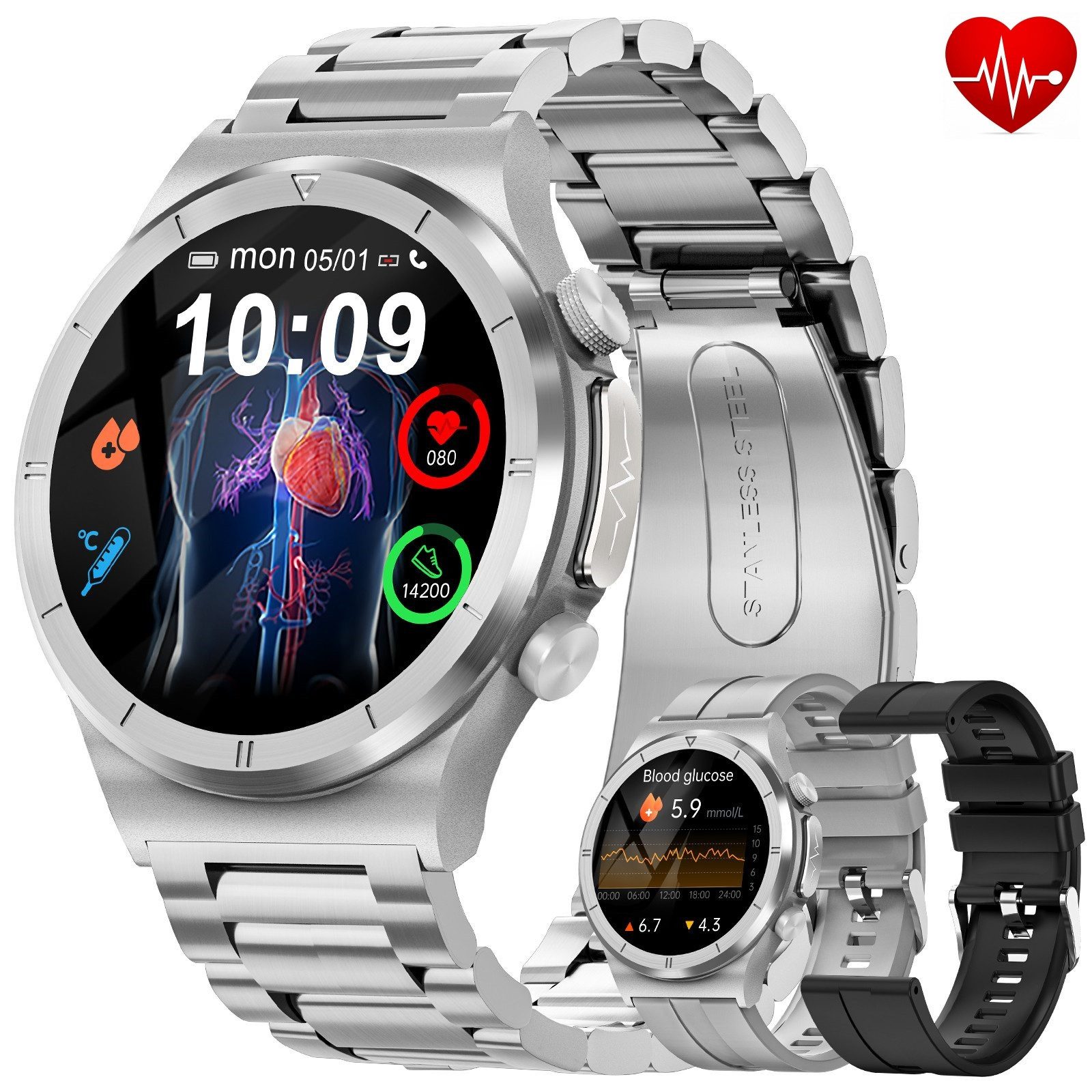BANLVS Smartwatch Herren mit ʙʟᴜᴛᴢᴜᴄᴋᴇʀ/ECG+PPG/Blutdruck/BMI-Überwachung Smartwatch