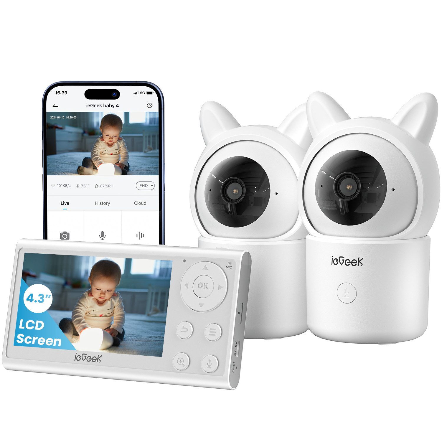 ieGeek Video-Babyphone Babyphone mit 2 Kamera