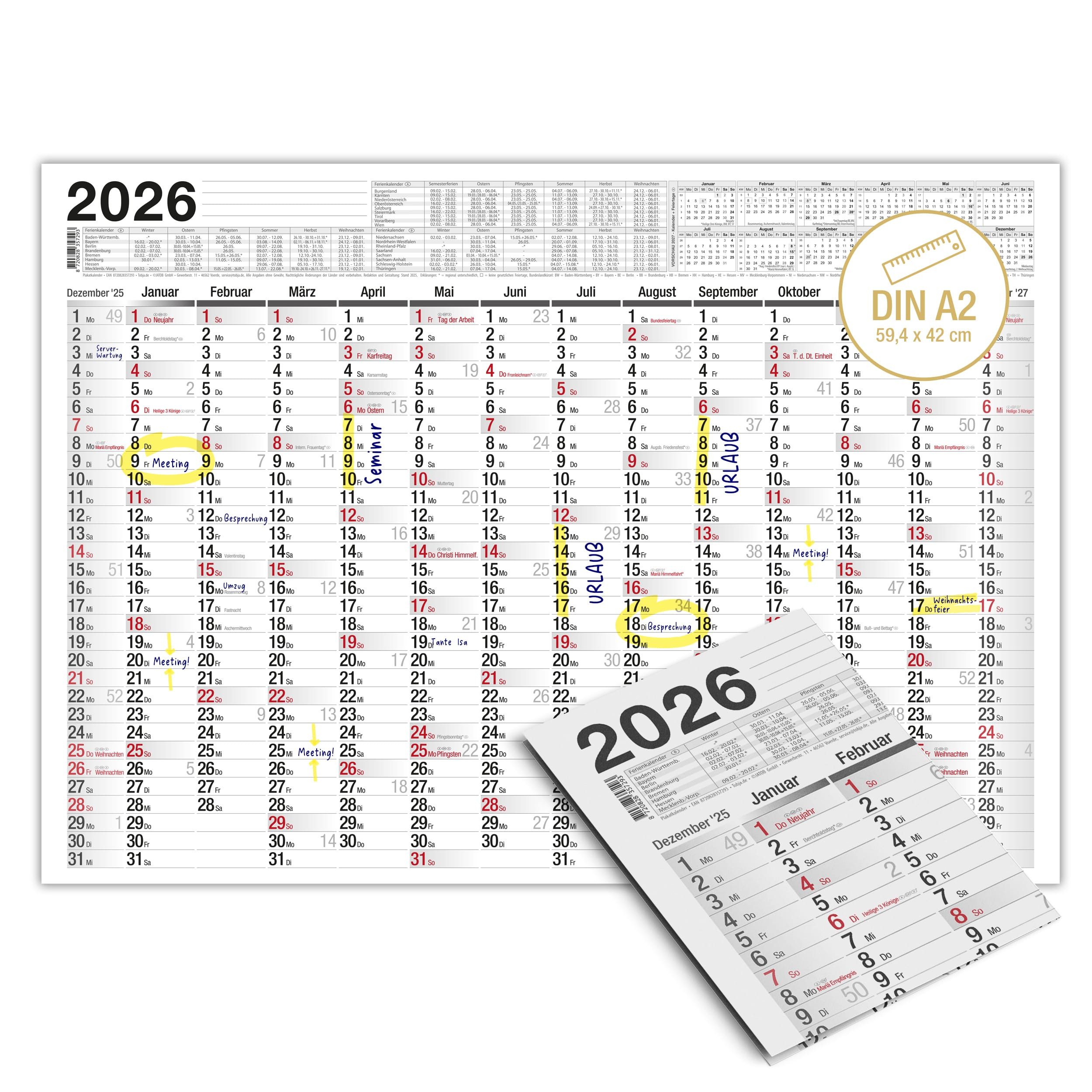 TOBJA Wandkalender A2 Kalender 2026 Jahreskalender,