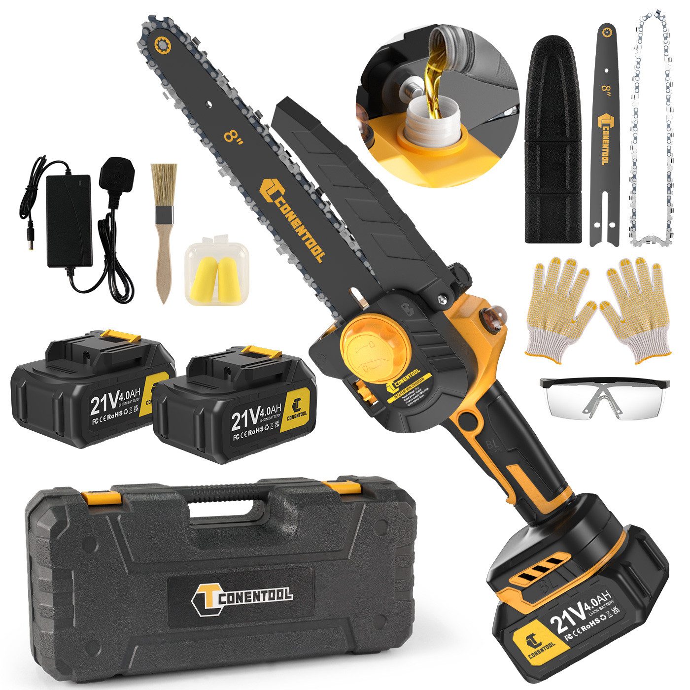 CONENTOOL Akku-Kettensäge 21V Mini Kettensäge, 8