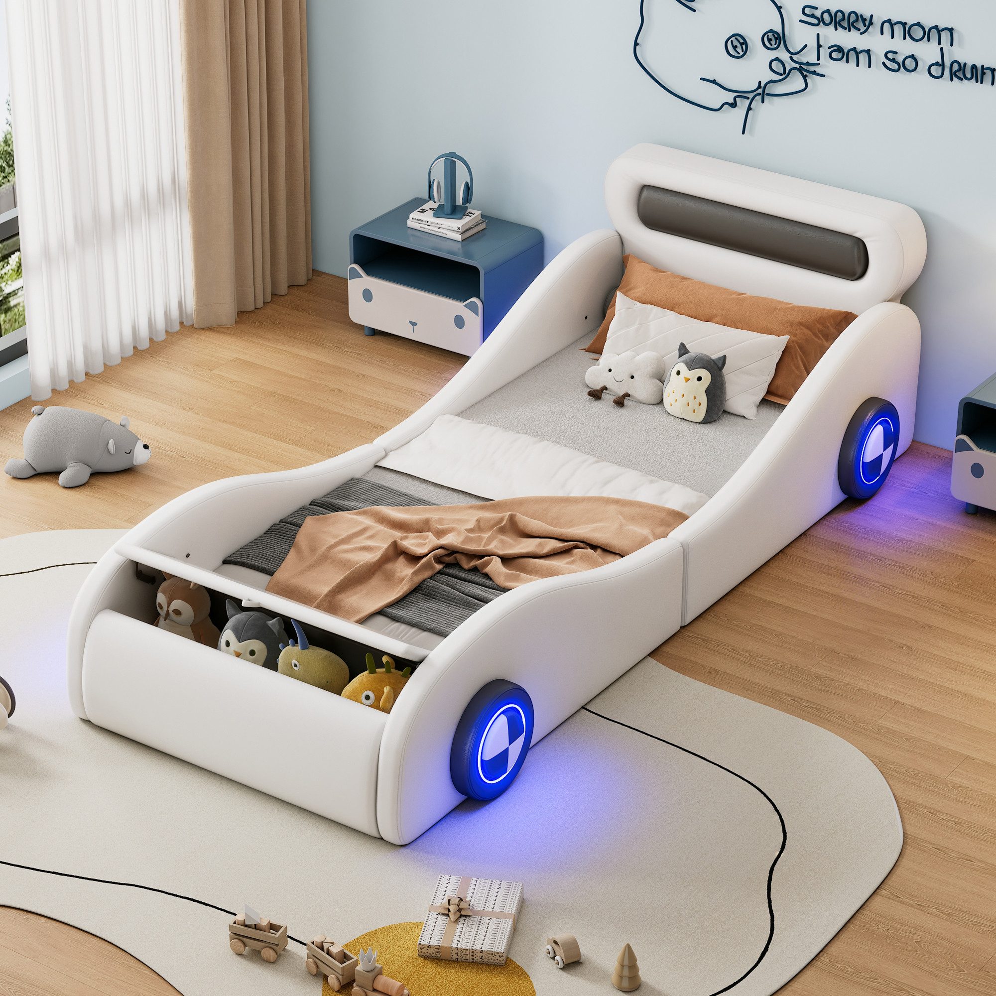 Flieks Polsterbett, Autobett Kinderbett mit leuchtenden
