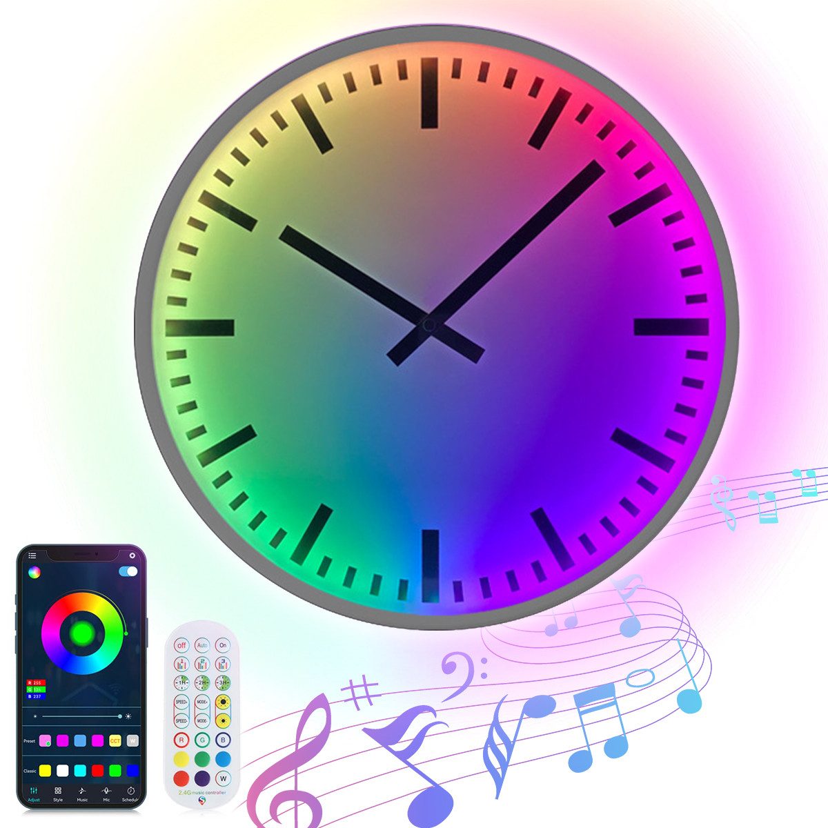 ZEUOPQ Wanduhr Intelligente,farbenfrohe Wanduhr,APP-Steuerung, Helligkeit einstellbar