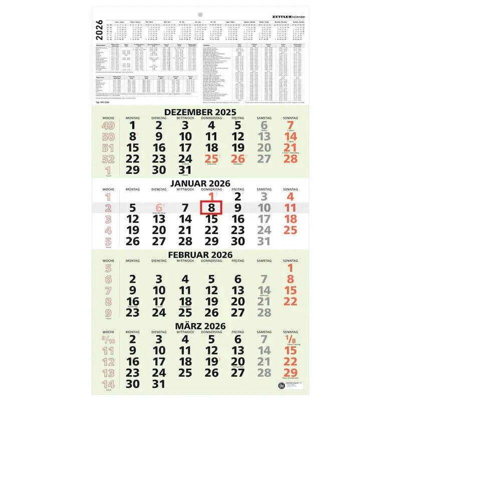 ZETTLER Wandkalender 4-Monats-Kalender 2026 Mod. 959