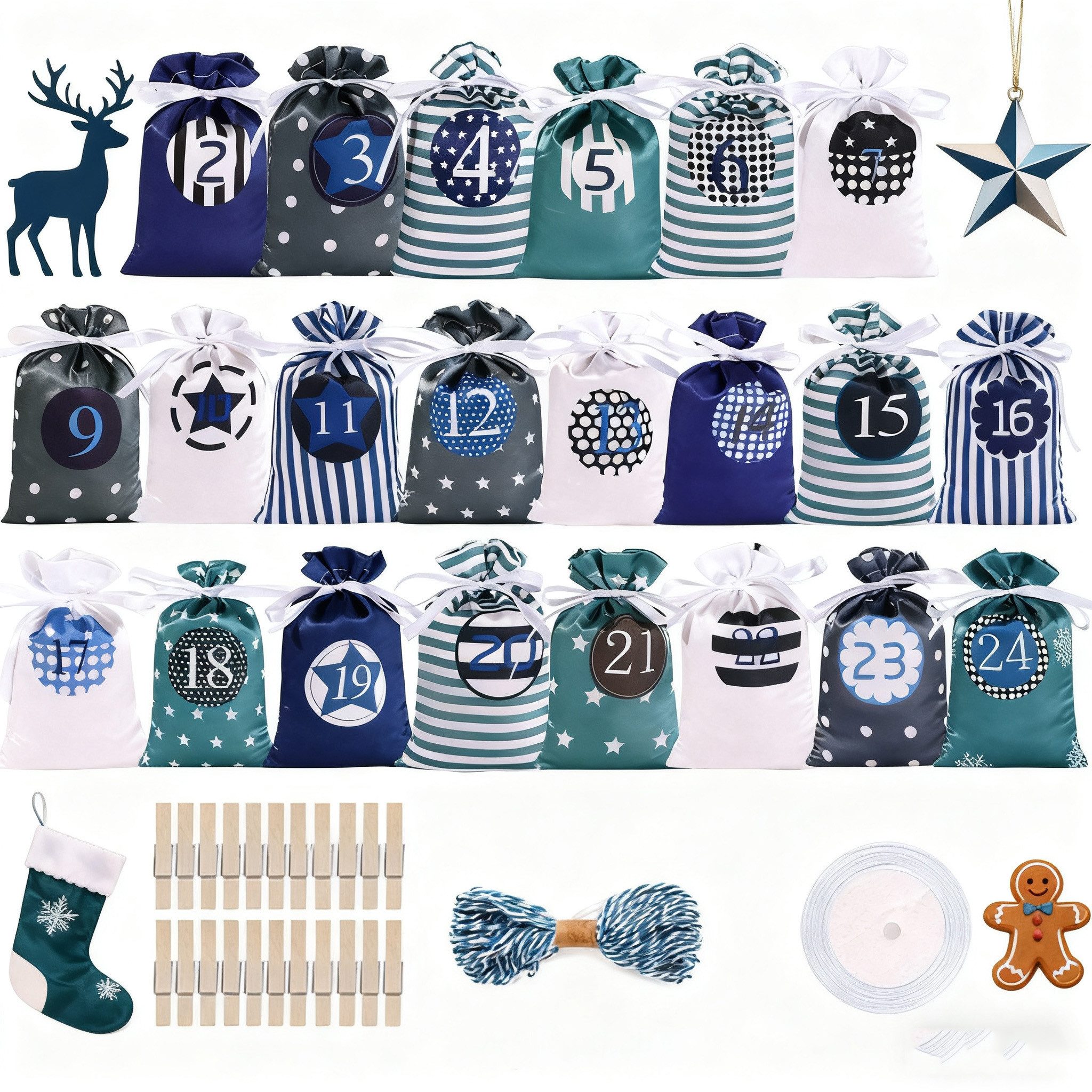 CLTYQ befüllbarer Adventskalender 24 Stück Adventskalender-Taschen,Weihnachts-Countdown-Geschenktüten,