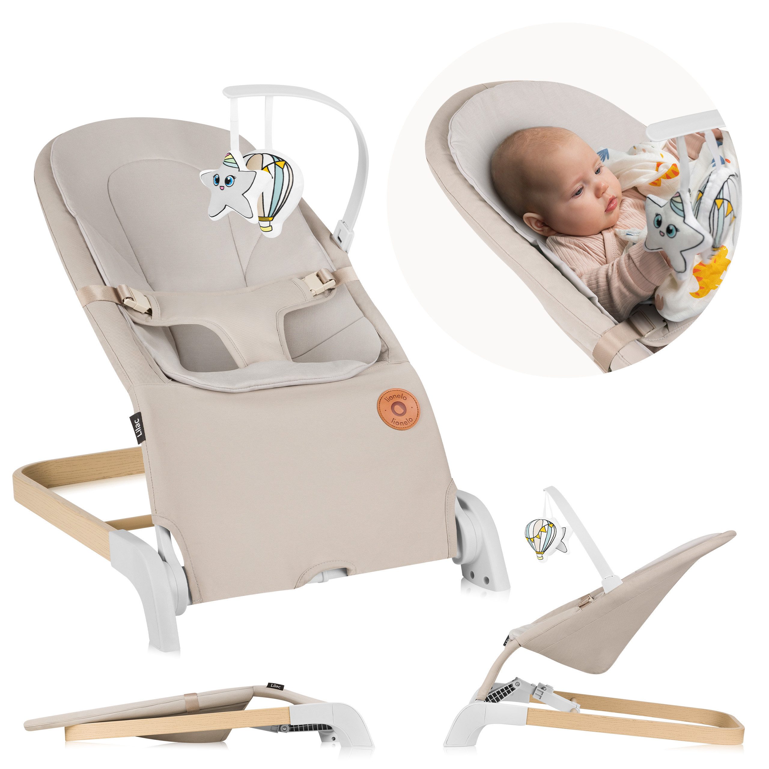 lionelo Babywippe LILAC, Flach klappbar/Bambus-Kissen/Hypoallergen/3-Punkt-Gurt