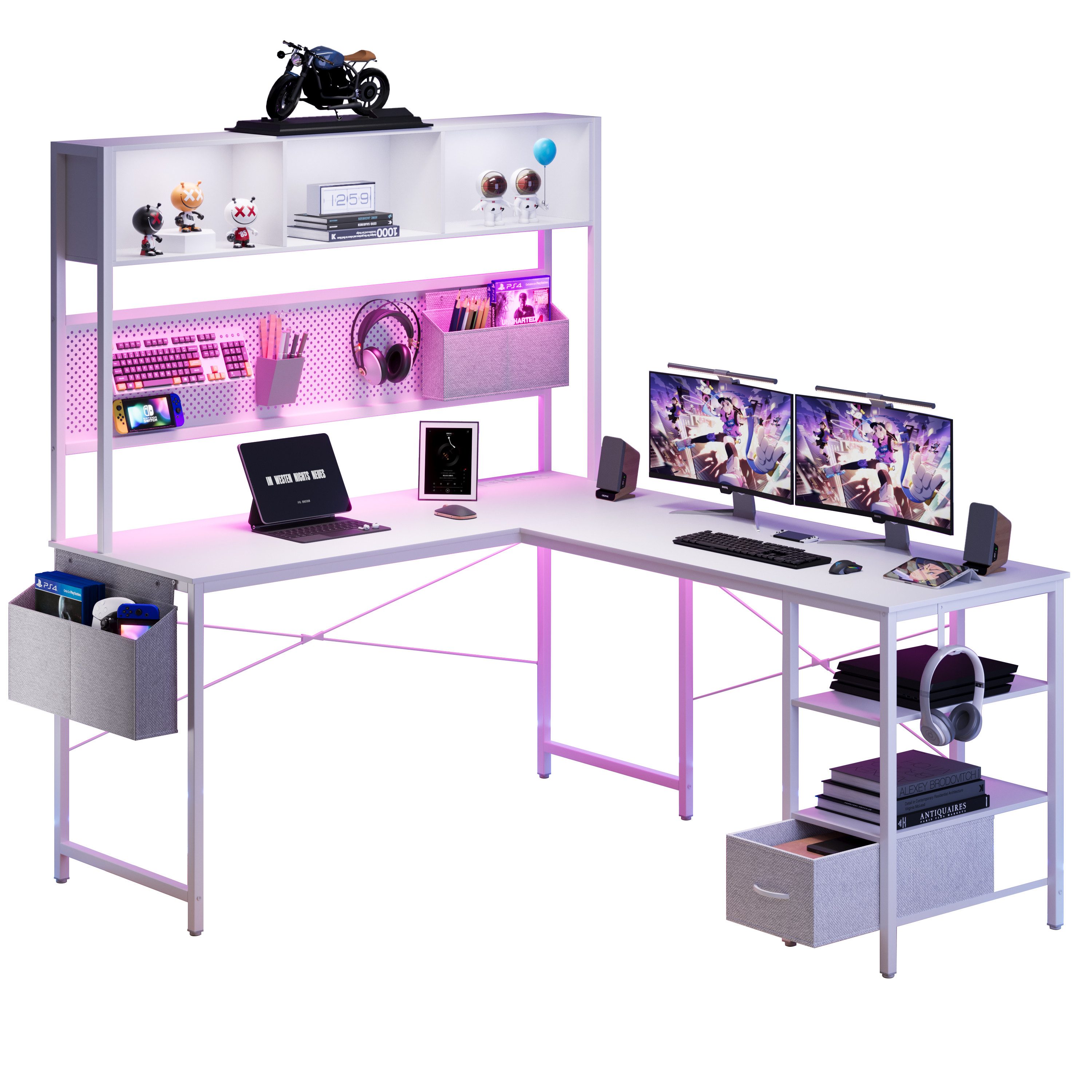 Dowinx Eckschreibtisch L-förmige Schreibtisch, LED Gaming