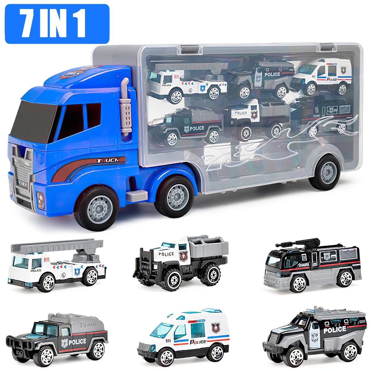 ZEUOPQ Spielzeug-Transporter Spielzeug-Transporter Spielzeug-Polizei 7-in-1 LKW