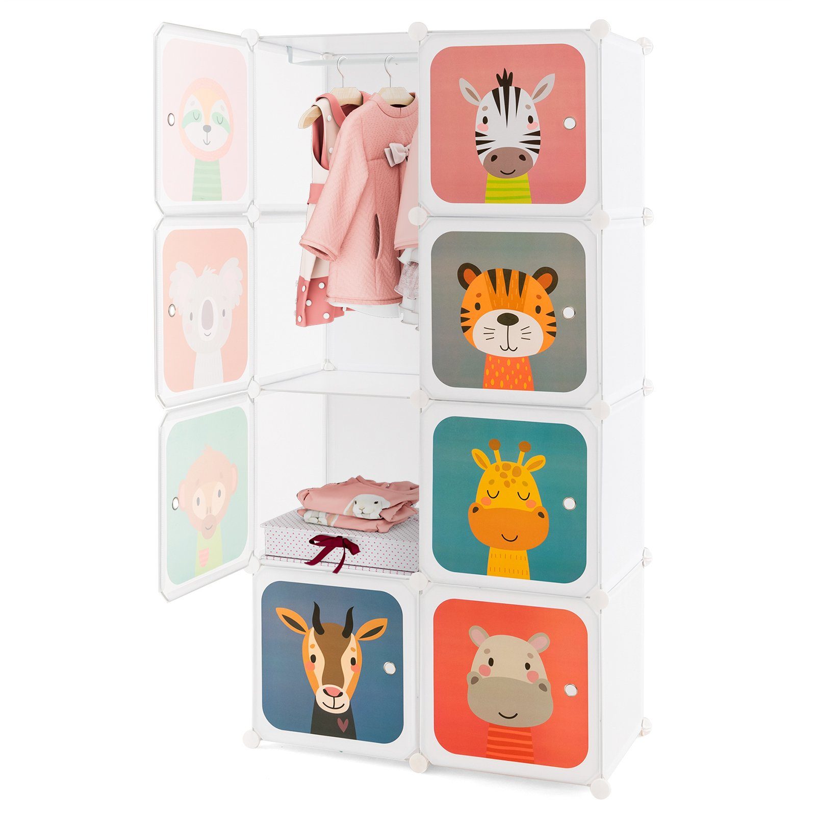COSTWAY Kinderkleiderschrank mit Kleiderstange und 8