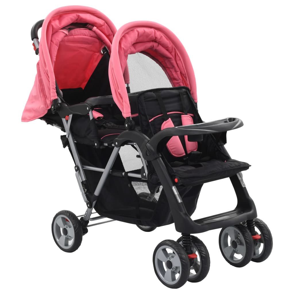 vidaXL Sport-Kinderwagen, Tandem-Kinderwagen Stahl Rosa und