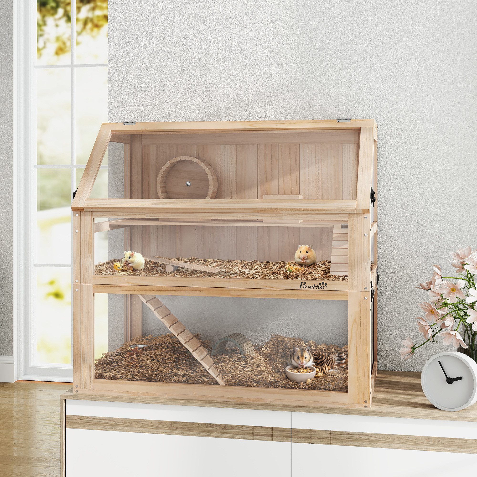 PawHut Kleintierkäfig aus Holz, 3 Etagen,