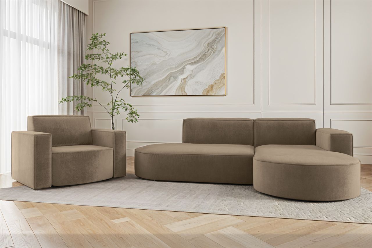 Sofa Set 2-teilig Sessel und Ecksofa PALMA XS Stoff Noel Braun Ottomane Rechts