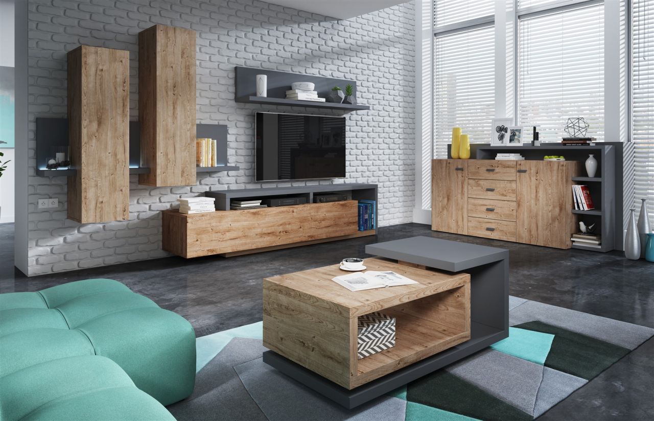 Wohnwand Schrankwand 5 tlg BENDY Komplettset Eiche-Grau