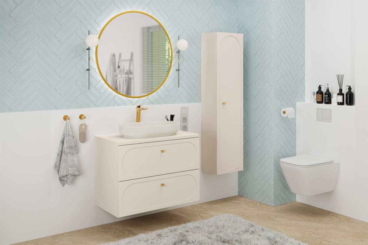 Badmöbel Set 3-tlg Badezimmerset KONA Cashmere Sand Beige Schrank 80cm ohne W...