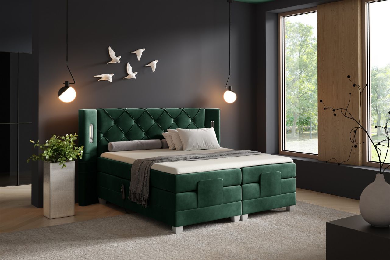 Boxspringbett Elektrisch Bett STEVE 140x200cm in Stoff Fresh Flaschengrün