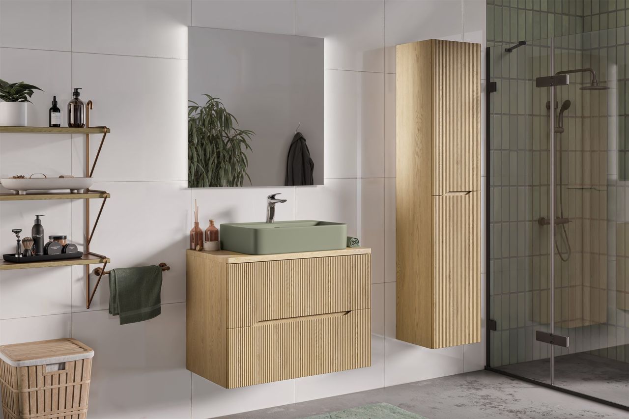 Badmöbel Set 4-tlg Badezimmerset AVOLI Cremona Eiche Spiegel 80cm inkl. Wasch...