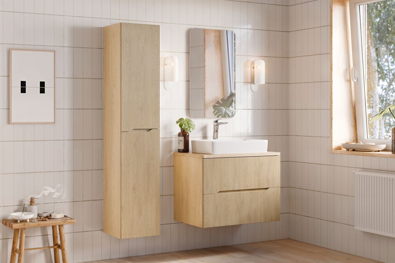 Badmöbel Set 4-tlg Badezimmerset AVOLI Cremona Eiche Schrank 80cm inkl. Wasch...